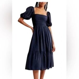 Abercrombie & Fitch Navy Emerson Puff Sleeve Midi Dress